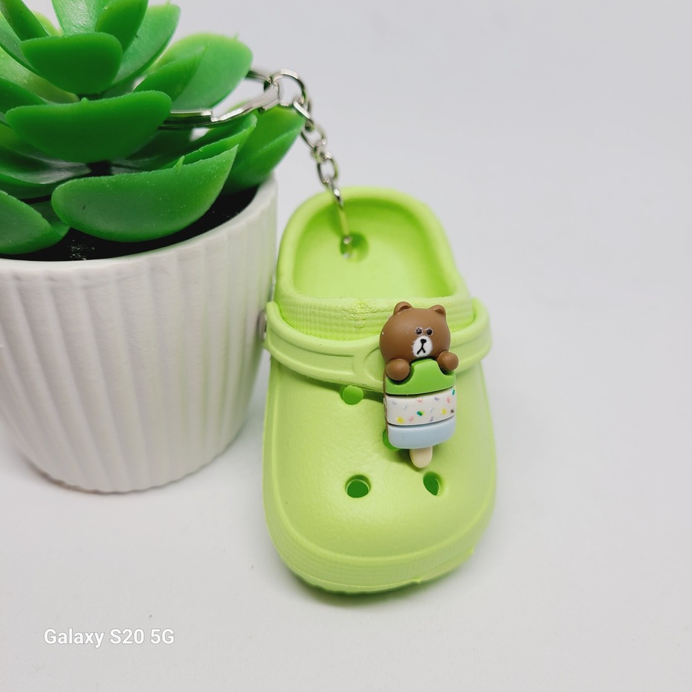 Crocs‎ Shoe Keychain Lime Green Brown Bear Charm Cute Novelty Accessory